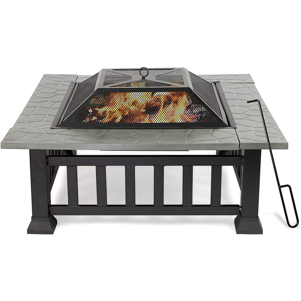 32” Outdoor Square Fire Pits, Patio 4 in 1 Fire Pits for Heating, Grilling and Cooling Drinks & Food, w/Spark Screen Cover