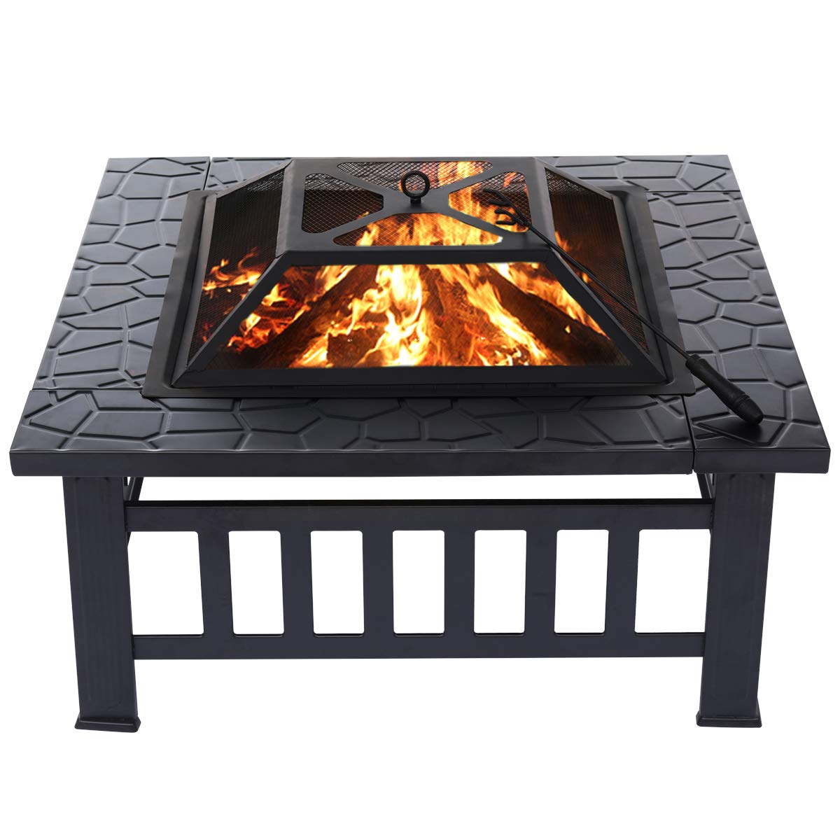 US32" Fire Pit BBQ Square Table Backyard Patio Garden Stove Wood Burning Fireplace Fire Pit Wood Burning Steel BBQ Grill Firepit